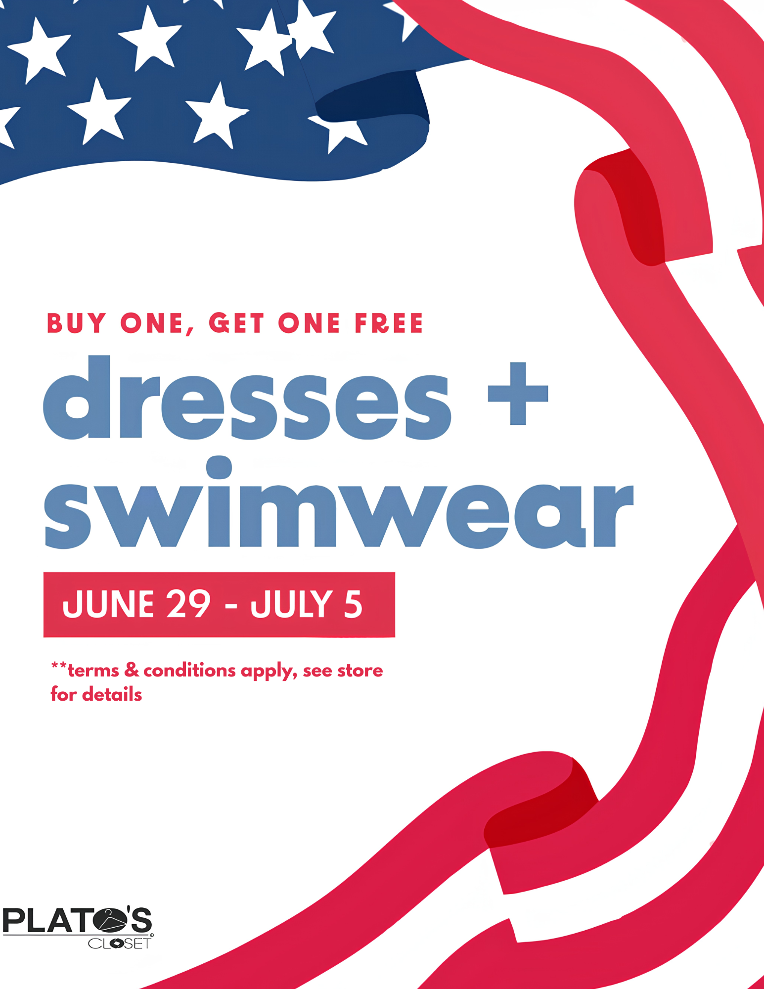 a promotional red white and blue poster for BOGO swim and dresses